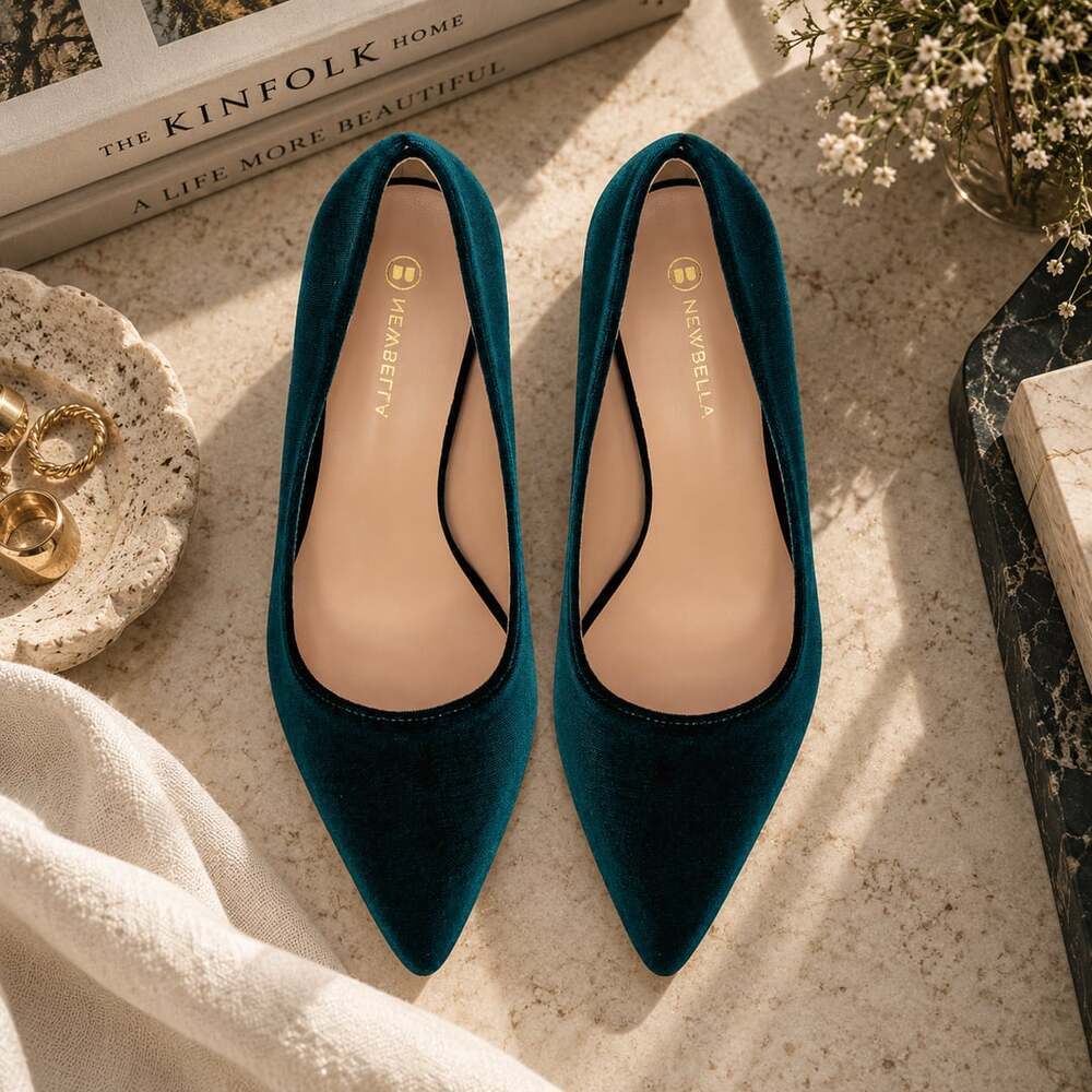 NEWBELLA Women's Velvet Low Kitten Heels Pointed Toe Pumps